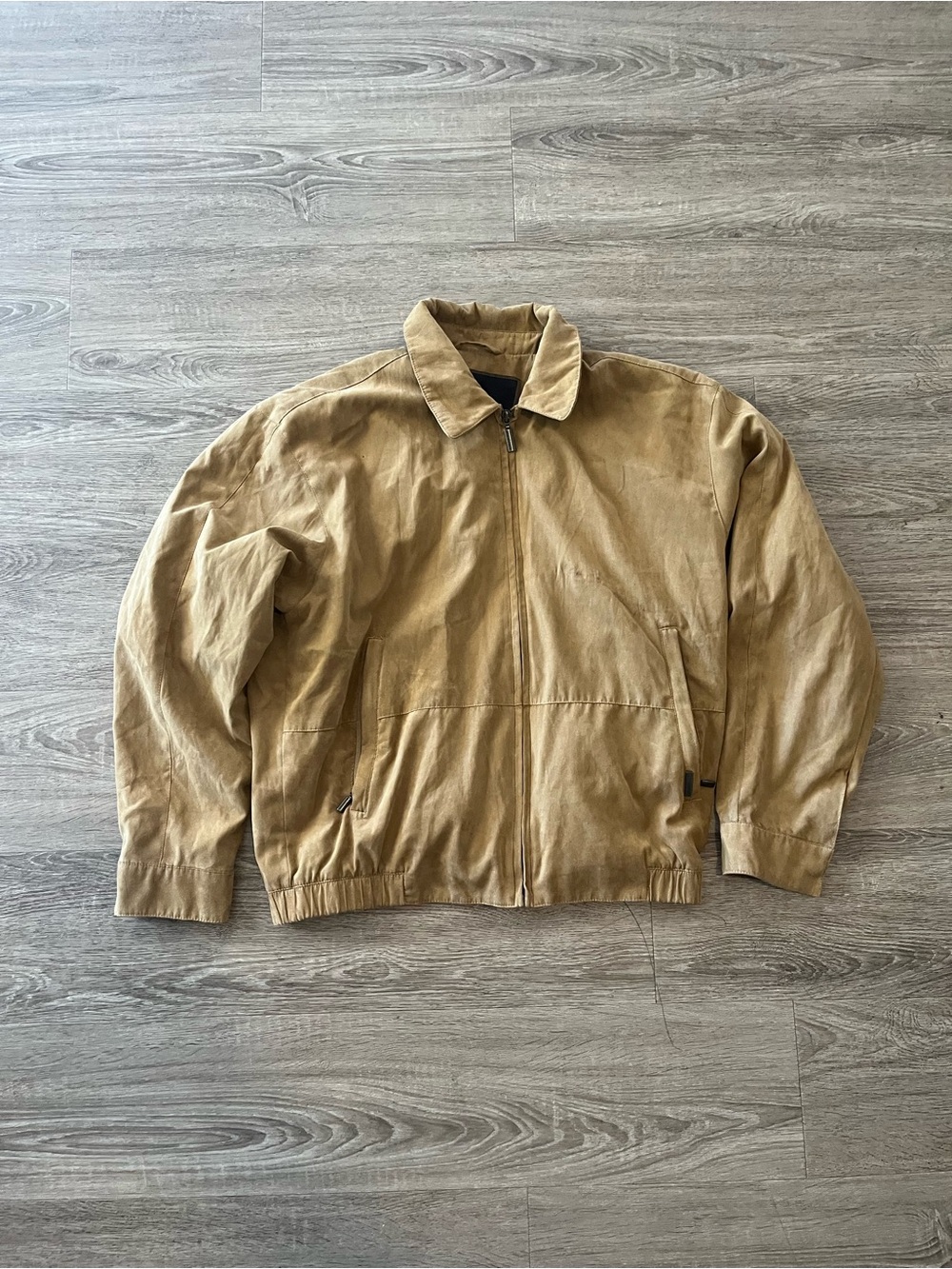 Weatherproof Garment Co Bomber Jacket Mens Large Tan Faux Suede Zip Lined VNTG